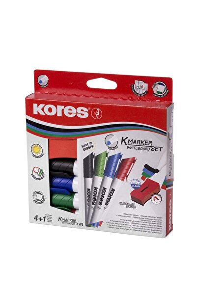 kores Set 4 markere whiteboard, burete magnetic inclus, varf rotund 3 mm