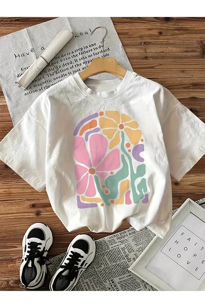 vikitekno Oversize Rainbow Flower Design Women's T-Shirt