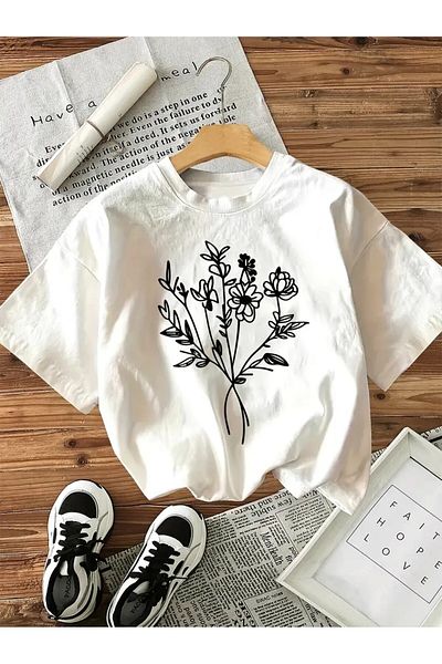 vikitekno Oversize Black Pencil Flower Design Women's T-Shirt