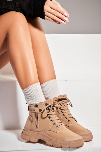 Joana Women's Khaki Fur-lined Boots Made of Ecological Suede Leather Carolina