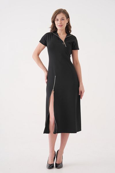 barış sülün lovebox Women's Diver Fabric Zipper Design Black Midi Evening Dress 2175
