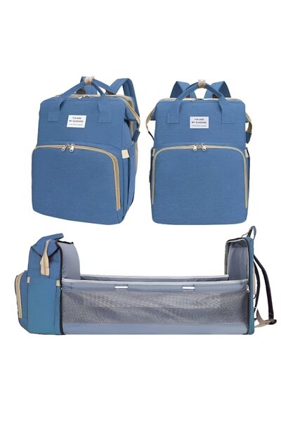 CLICK Multifunctional Backpack for Moms, Foldable Crib, Water-Resistant, Light Blue