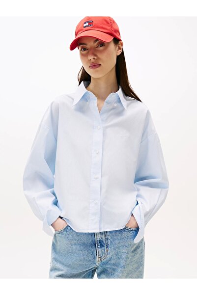 Tommy Jeans Kadın Çizgili Kısa Poplin Mavi Gömlek DW0DW214000BC