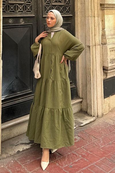 lamelif Front Half Button Detailed Muslin Fabric Hijab Dress Khaki