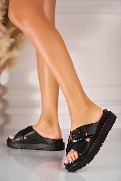Joana Finola Black Eco-Leather Slippers/Flip Flops