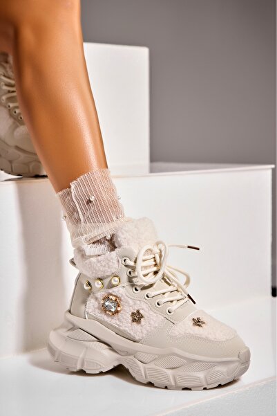 Joana Γυναικείες μπεζ μπότες με επένδυση γούνας από οικολογικό δέρμα Daysha