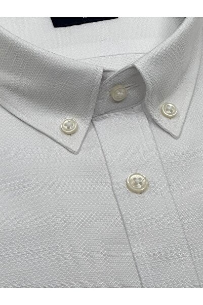 KAMER Men's Slim Fit Long Sleeve Button Collar Without Pocket Patterned White Shirt 2398B