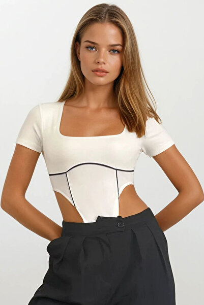 VAGGON Women's White Square Neck Short Sleeve Body Suit Vs00691