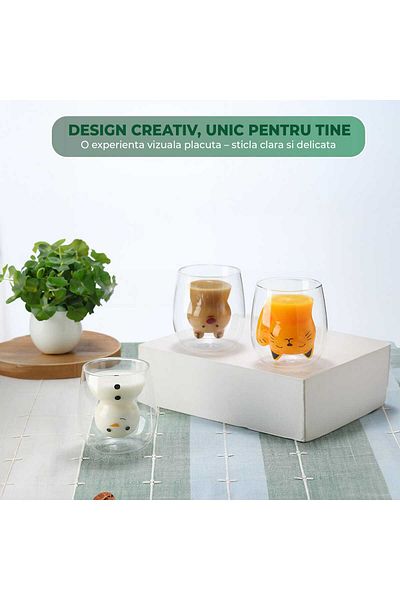 Timebox Transparent glass mug, Heat-resistant, Double-walled, 150 ml, Cat pattern