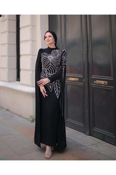 MERETTO By Akıl Özel Tasarım 1. Kalite Krep Kumaş Hakim Yaka Taş Pelerin Astarlı Uzun Tesettür Abiye Elbise