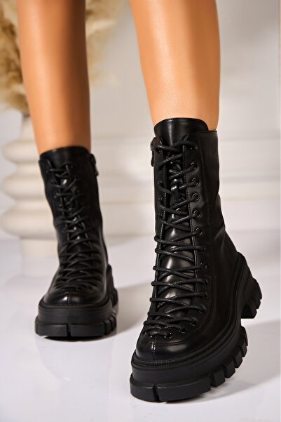 Joana Γυναικείες Μπότες Laysha Μαύρες από Δέρμα με Επένδυση από Γούνα