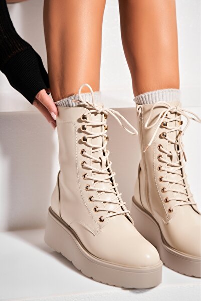 Joana Γυναικείες μπεζ μπότες με επένδυση γούνας από οικολογικό δέρμα Micha