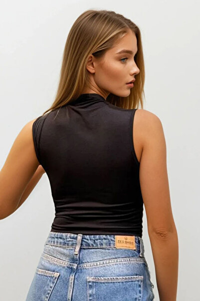 VAGGON Bluză crop fără mâneci, neagră, asimetrică, cu blocuri de culoare, pentru femei Vs00699