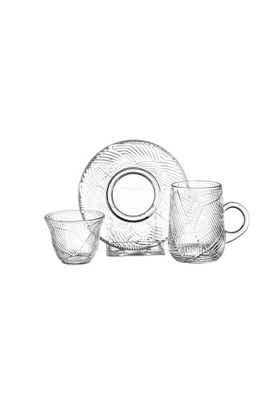 Dania 36-piece clear glass tea set consisting of 12 tea cups + 12 tea saucers + 12 Saudi coffee cups