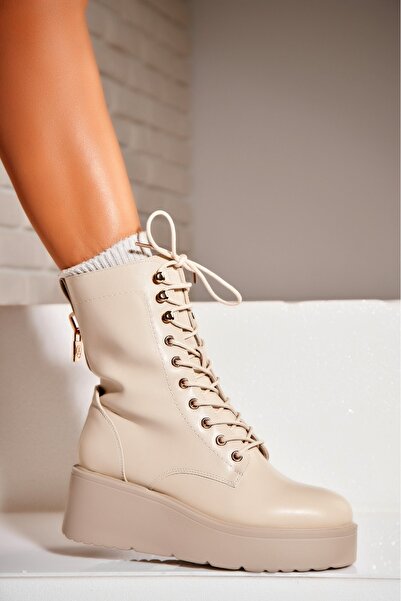 Joana Γυναικείες μπεζ μπότες με επένδυση γούνας από οικολογικό δέρμα Micha