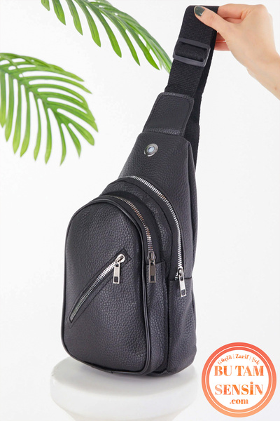 Bu Tam Sensin Siyah Suni Derili Unisex Fermuarlı 3 Bölmeli Çapraz Body Bag Vü...
