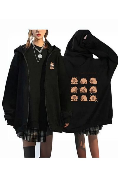 Touz Moda Ζακέτα με κουκούλα Capybara με στάμπα μεγάλου μεγέθους με φερμουάρ μαύρο Unisex