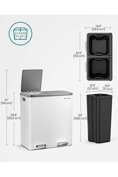 SONGMICS Double waste bin 59x32x65 cm, 2x30L, with pedals and removable bucket, white