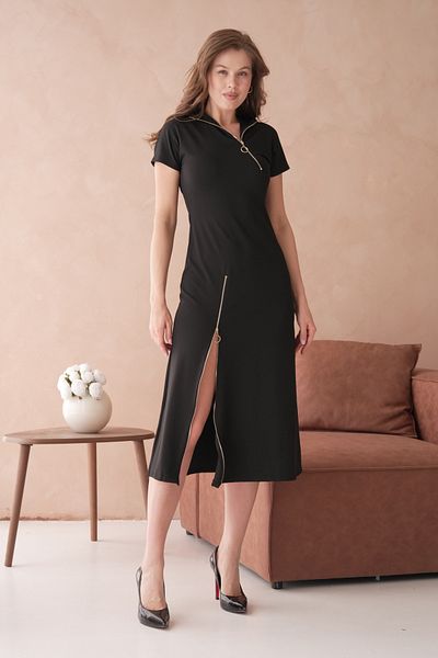 vuvutasarım Black Stretchy Diver Fabric Zipper Design Short Sleeve Black Midi Dress 2175