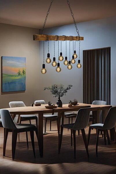 Celestia 10'lu Rustik Masif Ahşap Avize El Yapımı Bohem Eskitilme Ahşap Tasar...