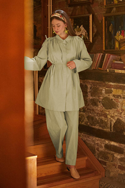 ZÜLAYS Omuzu Büzgü Detaylı Pantolon Takım Soft Yeşil