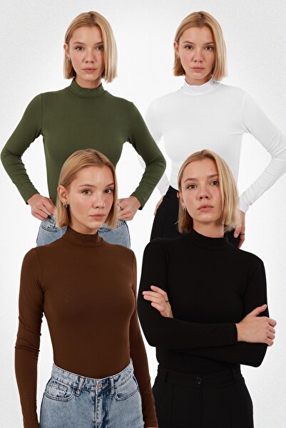 Yade Fashion Kadın Uzun Kollu Balıkçı Yaka Body 4’lü Set – Siyah Beyaz Kahver...