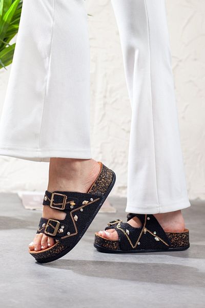 Adım Adım Women's Extra Comfortable Double Buckle Stone Slippers