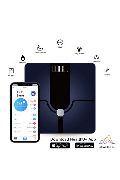 COOYA ميزان دهون الجسم، محلل الجسم، منصة زجاجية مقواة، شاشة LCD كبيرة بإضاءة خلفية رقمية مع تطبيق للهواتف الذكية