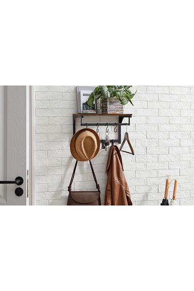 VASAGLE Cuier perete cu 8 carlige si polita, 40x24x24 cm, maro rustic si negru