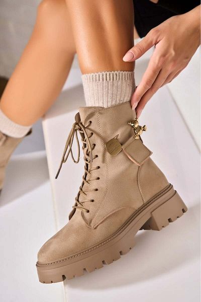 Joana Women's Khaki Faux Suede Fur-lined Boots Elysa2