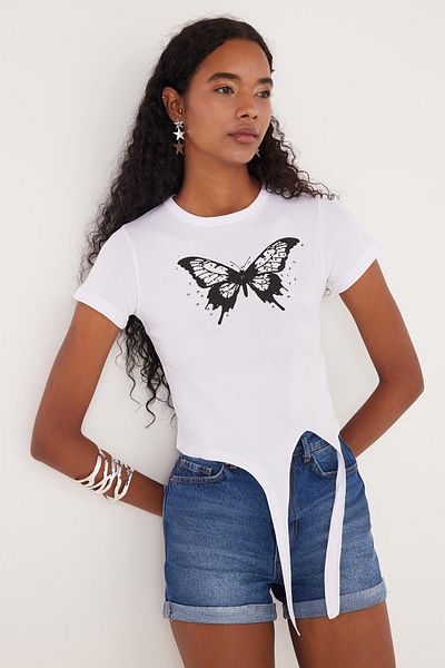 Tudors Tricou alb cu mânecă scurtă, cu decolteu, cu imprimeu, slim fit, pentru femei