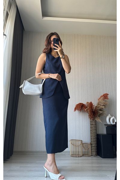 ButikNo35 Navy Blue Slit Pencil Skirt Vest Suit
