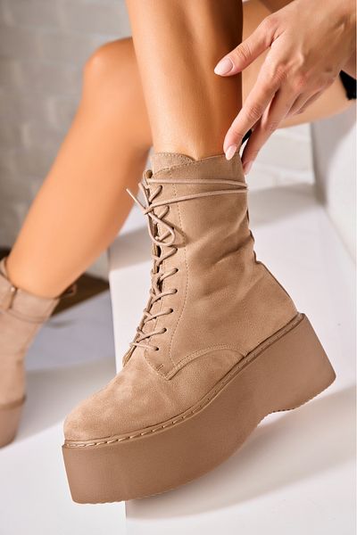 Joana Women's Khaki Fur-lined Boots Made of Ecological Suede Leather Pranika