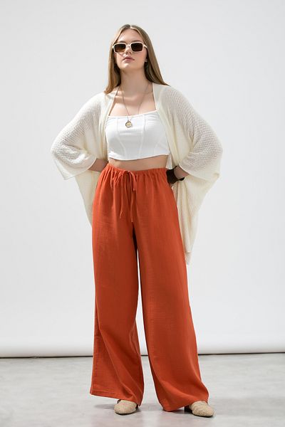 LA PANTE Wide Leg Muslin Trousers with Elastic Waistband and Laces