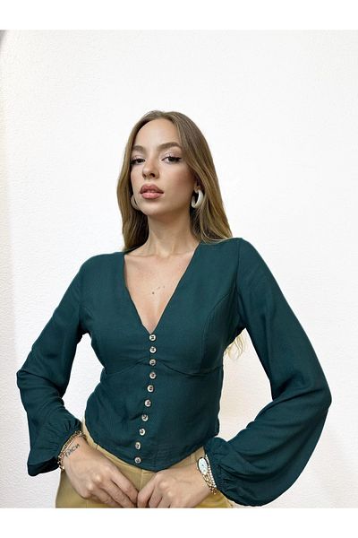 PROTO SUIT Long Sleeve V Neck Button Detailed Blouse