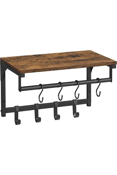 VASAGLE Cuier perete cu 8 carlige si polita, 40x24x24 cm, maro rustic si negru