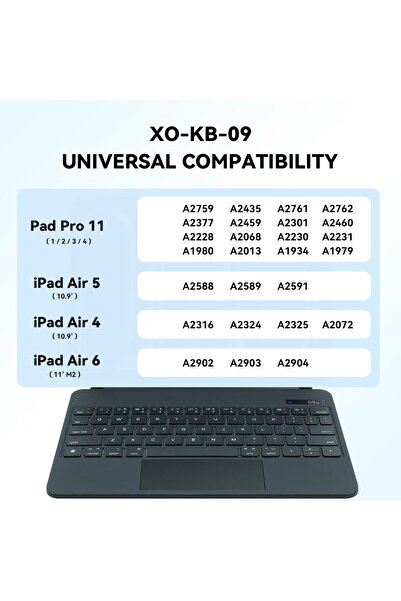 Xo Kablosuz Klavye KB09 - iPad 10.9''/11'' Uyumlu, Touchpad’li, Dijital Ekranlı, Türkçe Q, Şarjlı
