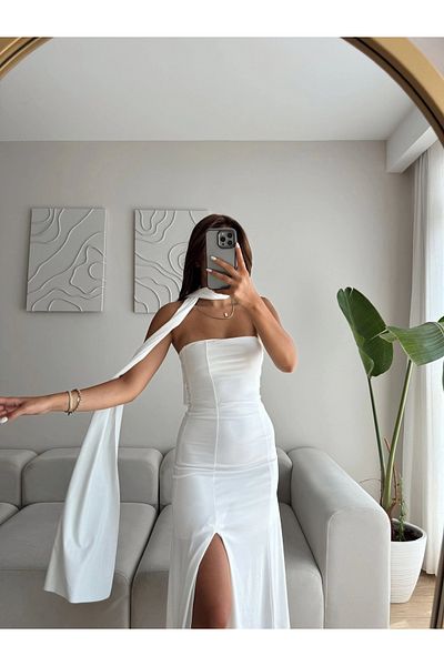 Zoom Butik Slit Strapless Belted Dress - White
