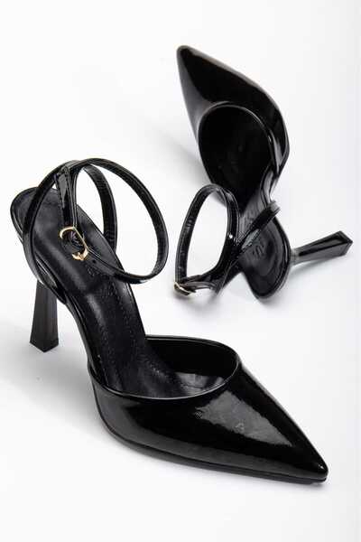 luff shoes حذاء نسائي من الجلد الأسود اللامع بكعب رفيع ورباط الكاحل