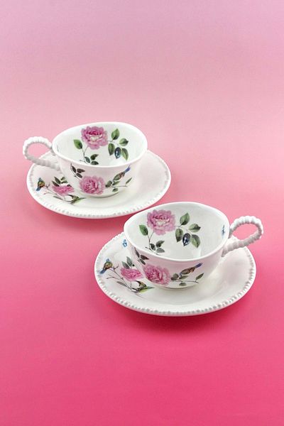 Bursa Porselen Dekor Pearl Series Pink Rose and Bird 2 People Tea Cup Set