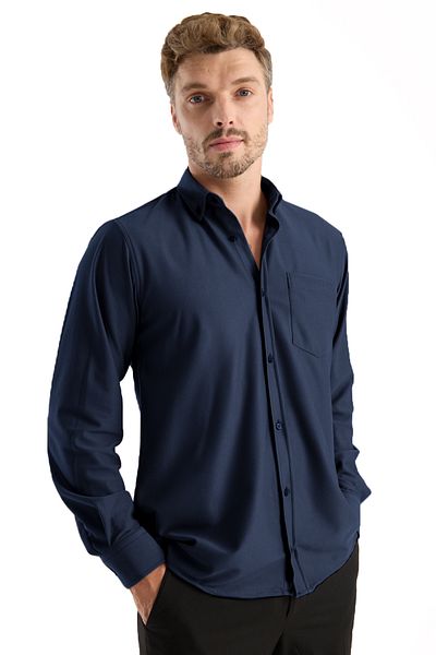 Varetta Cămașă pentru bărbați Albastru bleumarin Lycra cu mânecă lungă cu buzunar Model confortabil din bumbac largi, model casual elegant