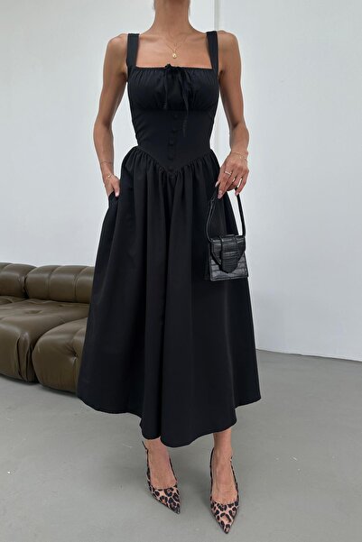 mylove Büzgü Göğüs Detaylı Midi Elbise Siyah