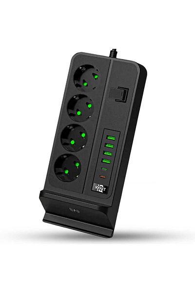 Timebox standard socket with switch 3000W, 4 x USB, 2 x Type-C, 4 sockets, Wireless phone station, 2m, Blac