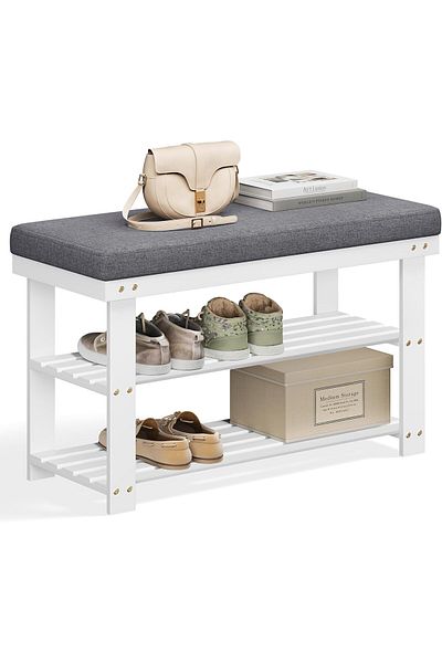 SONGMICS Banca pentru pantofi din bambus, 2 niveluri, cu perna, sarcina 150 kg, 71x29x49 cm, alb