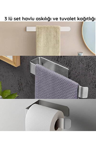 Ovea Store 3 Lü Set / Paslanmaz Çelik Havluluk ve Tuvalet Kağıtlığı / Yapışka...