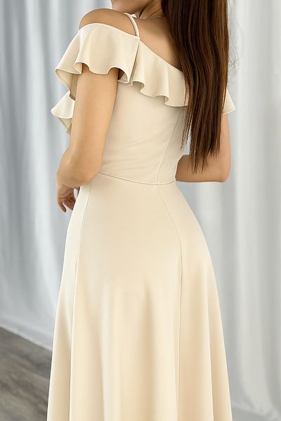 Deafox Beige Collar Flounced Crepe Fabric Long Evening Dress