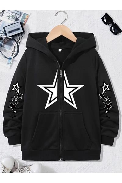 Touz Moda Y2k Star Printed Oversize Μαύρη Unisex Ζακέτα με κουκούλα με φερμουάρ
