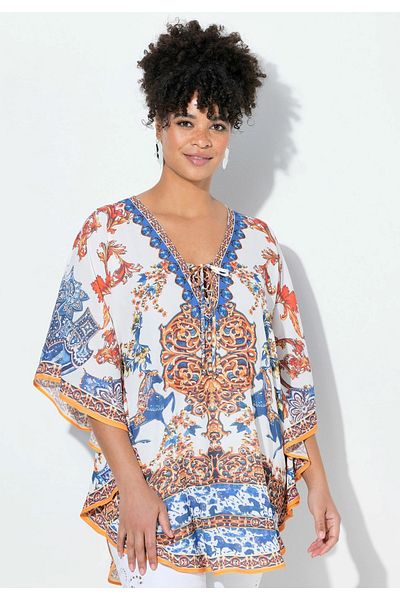 Şans Women's Plus Size Colorful, Low Sleeve, Front Lace Detailed Patterned Blouse 65N39042