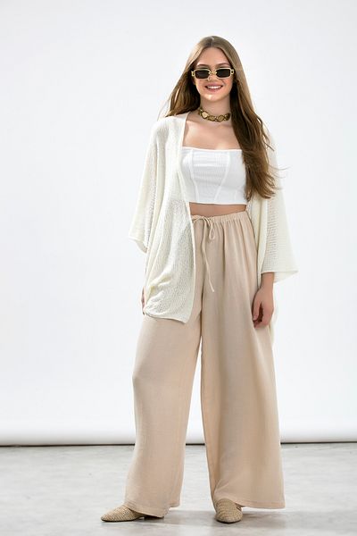 LA PANTE Wide Leg Muslin Trousers with Elastic Waistband and Laces