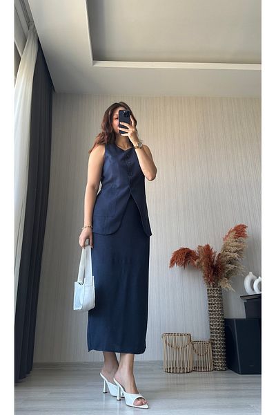 ButikNo35 Navy Blue Slit Pencil Skirt Vest Suit
